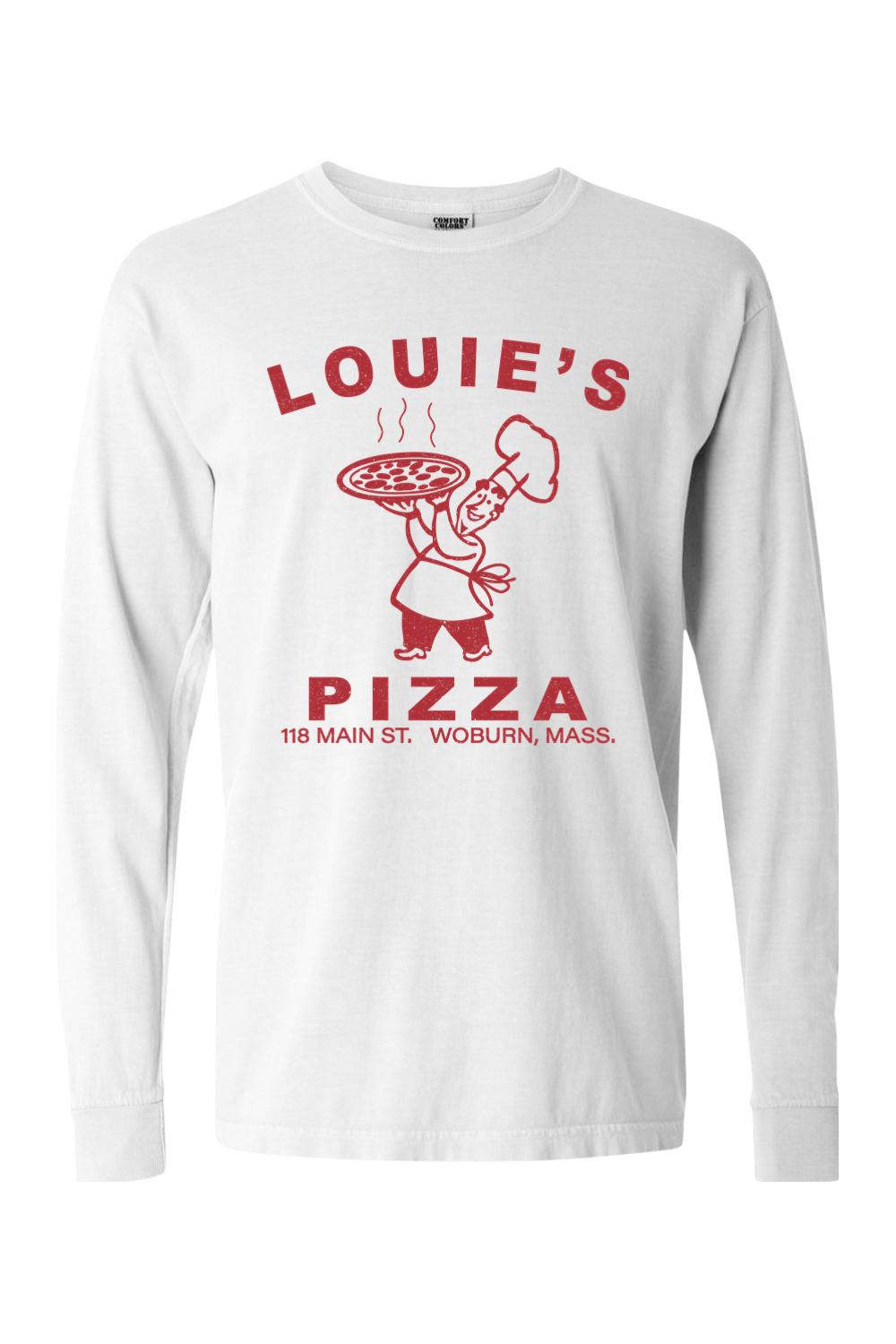 White Comfort Colors long sleeve cotton shirt featuring a red vintage Louie's Pizza chef graphic on the chest.