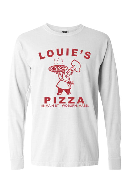 White Comfort Colors long sleeve cotton shirt featuring a red vintage Louie's Pizza chef graphic on the chest.