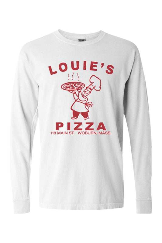 White Comfort Colors long sleeve cotton shirt featuring a red vintage Louie's Pizza chef graphic on the chest.