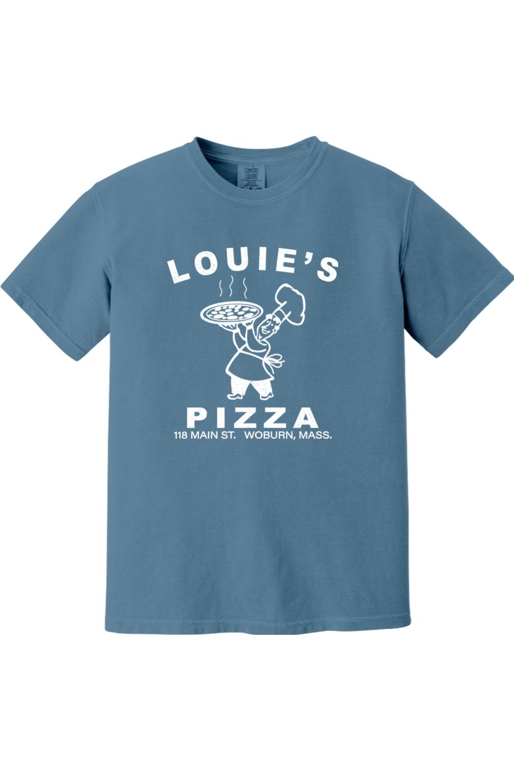 Blue Comfort Colors unisex t-shirt featuring a white Louie's Pizza chef graphic and text on soft ringspun cotton.