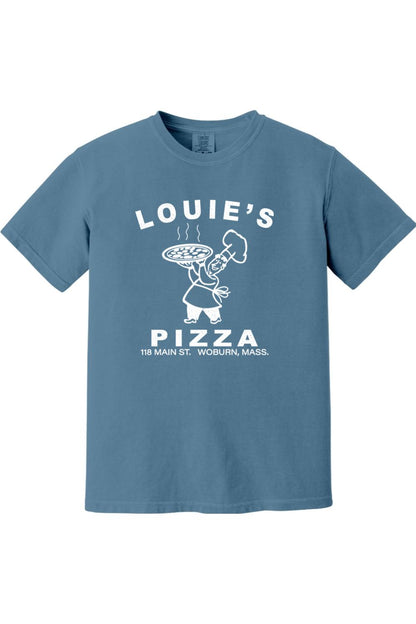 Blue Comfort Colors unisex t-shirt featuring a white Louie's Pizza chef graphic and text on soft ringspun cotton.