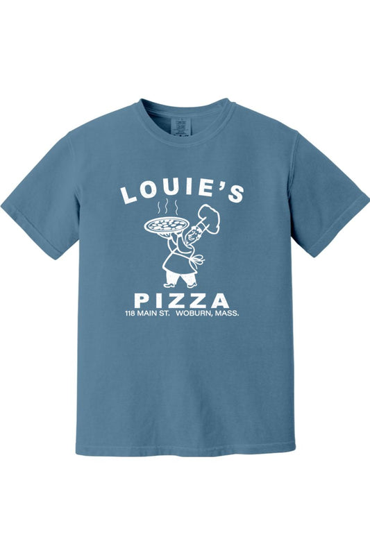 Blue Comfort Colors unisex t-shirt featuring a white Louie's Pizza chef graphic and text on soft ringspun cotton.