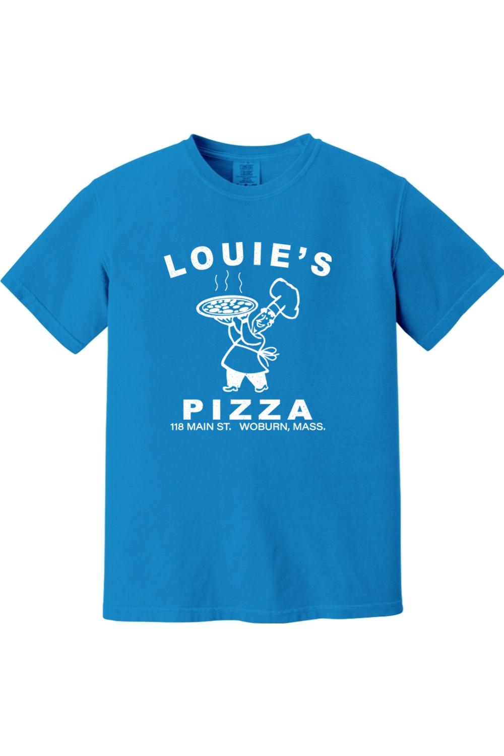 Blue Comfort Colors cotton t-shirt featuring a white Louie's Pizza chef graphic on the front.