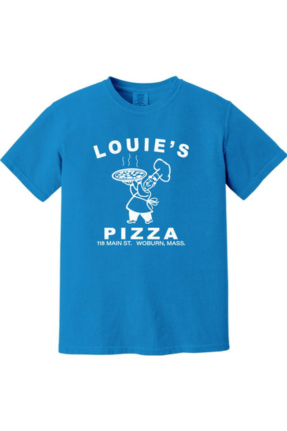 Blue Comfort Colors cotton t-shirt featuring a white Louie's Pizza chef graphic on the front.