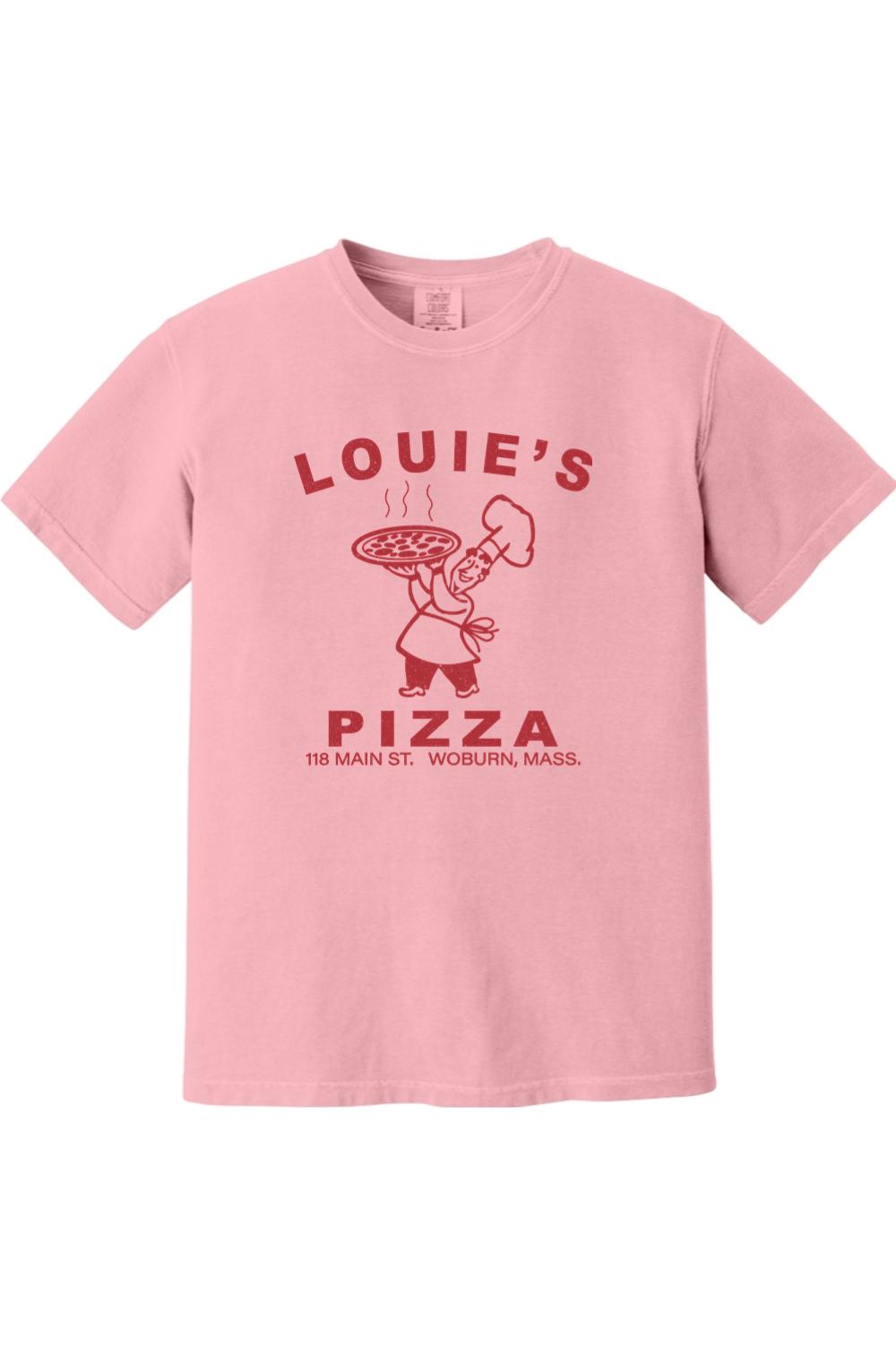 Soft pink Comfort Colors unisex t-shirt featuring a red Louie's Pizza chef graphic and text on 100% ringspun cotton.