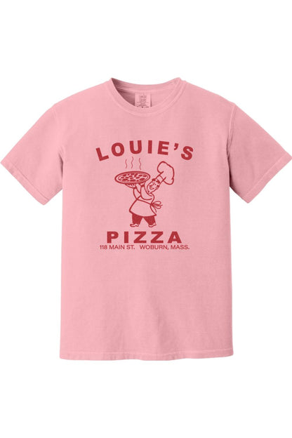 Soft pink Comfort Colors unisex t-shirt featuring a red Louie's Pizza chef graphic and text on 100% ringspun cotton.
