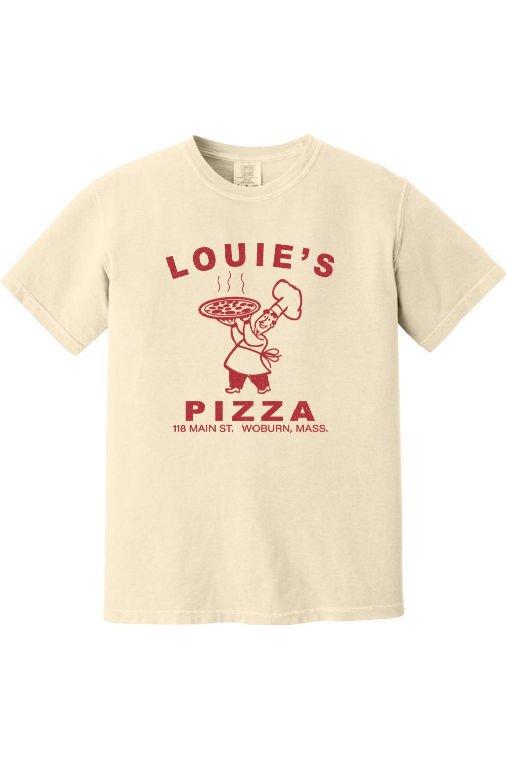Cream-colored Comfort Colors cotton t-shirt featuring a red Louie's Pizza chef graphic and text on the front.
