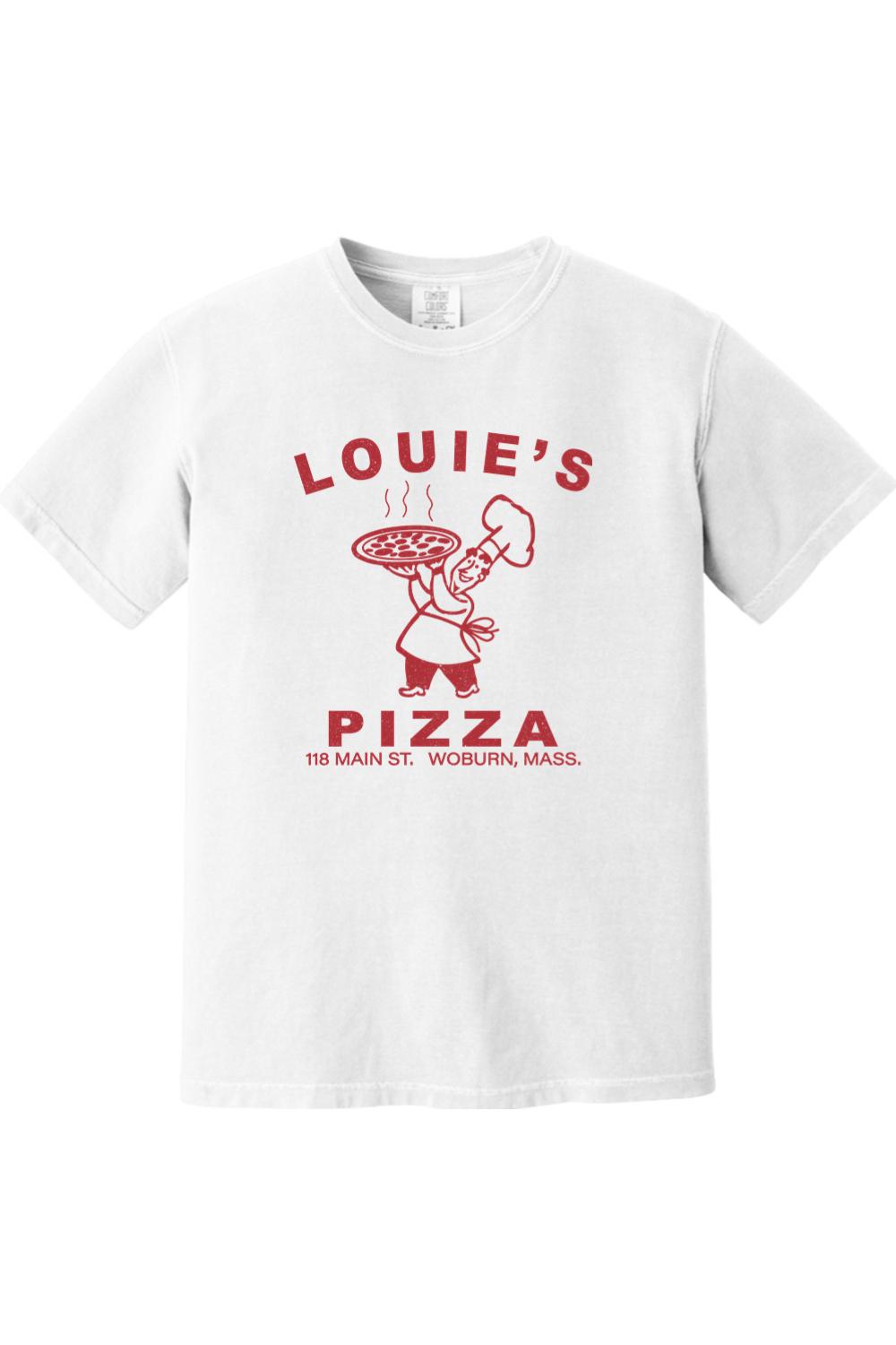 White Comfort Colors cotton t-shirt featuring a red Louie's Pizza chef graphic and text on the front.
