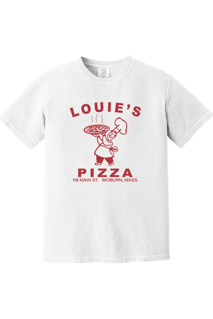 White Comfort Colors cotton t-shirt featuring a red Louie's Pizza chef graphic and text on the front.