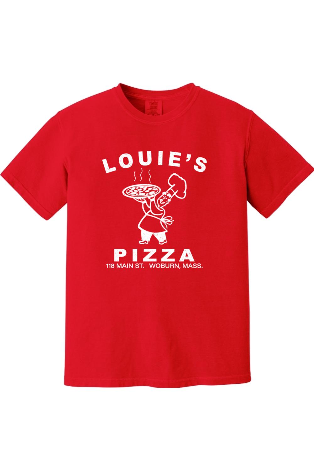 Red Comfort Colors cotton t-shirt featuring a white Louie's Pizza chef logo graphic on the chest.