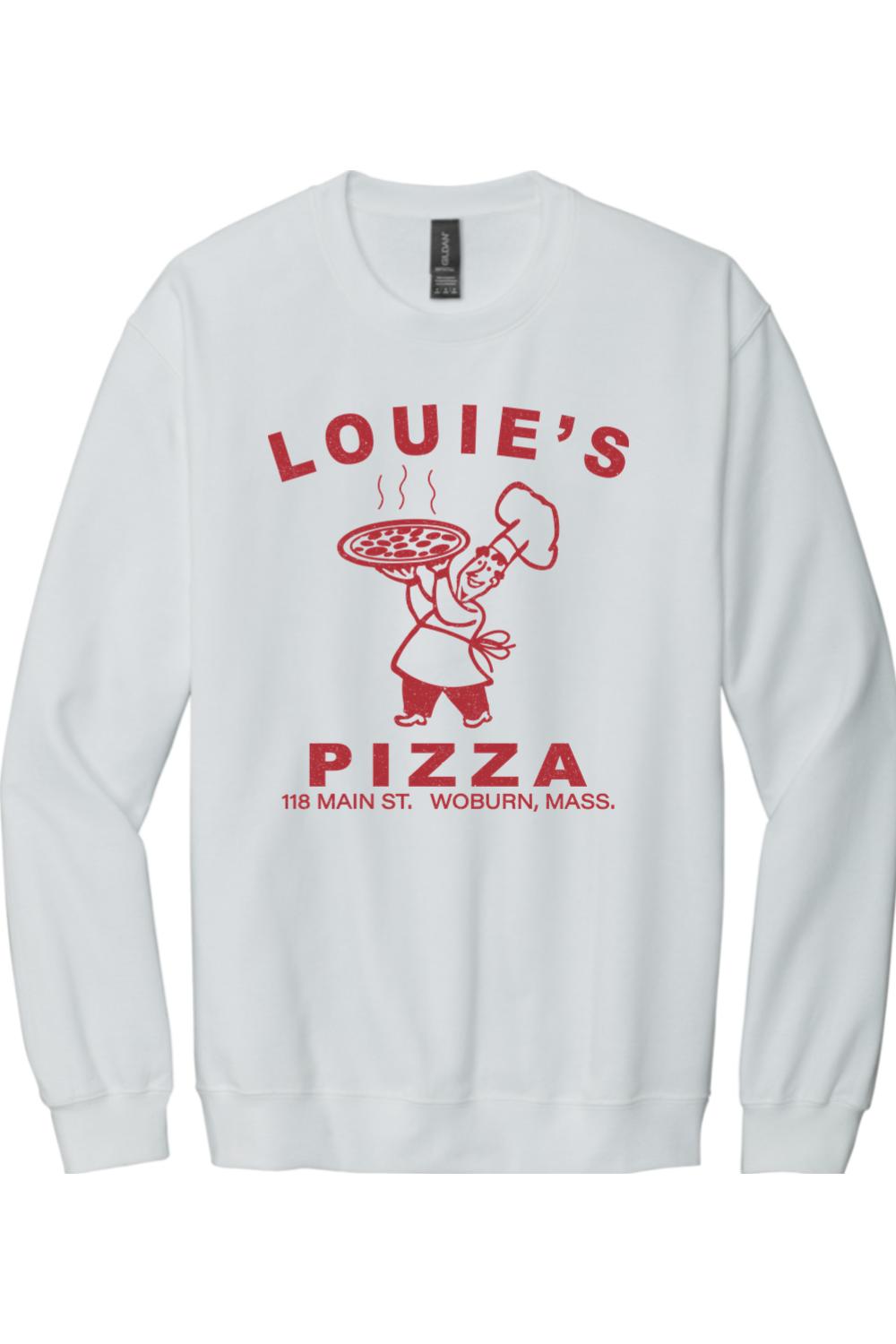 White crewneck sweatshirt featuring a red vintage Louie's Pizza chef graphic and text on the chest.