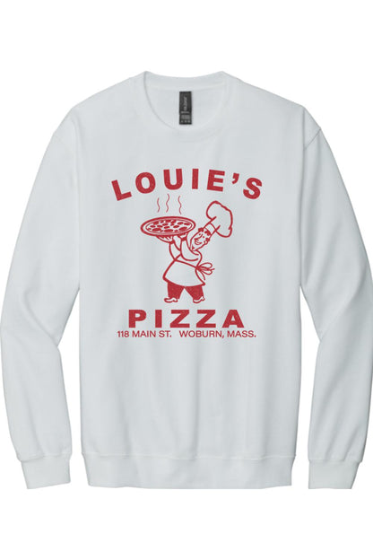 White crewneck sweatshirt featuring a red vintage Louie's Pizza chef graphic and text on the chest.