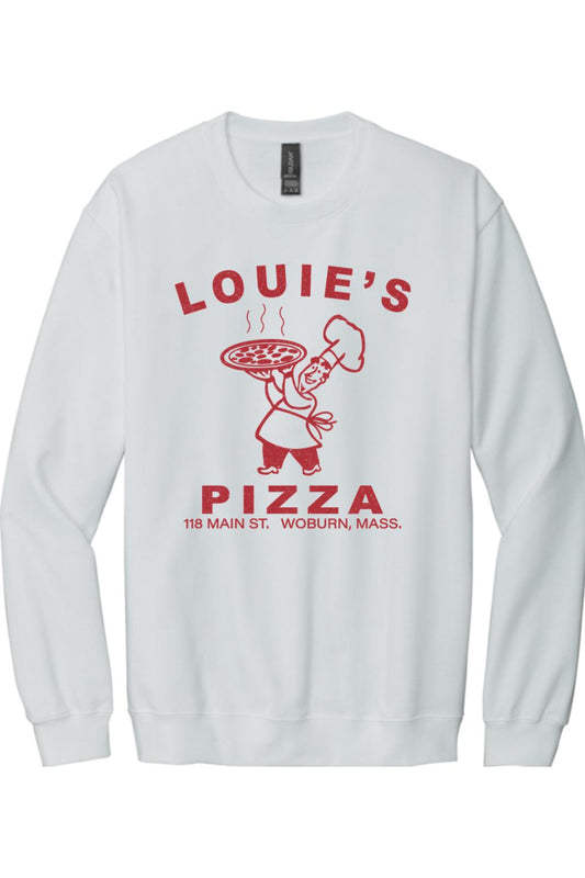 White crewneck sweatshirt featuring a red vintage Louie's Pizza chef graphic and text on the chest.