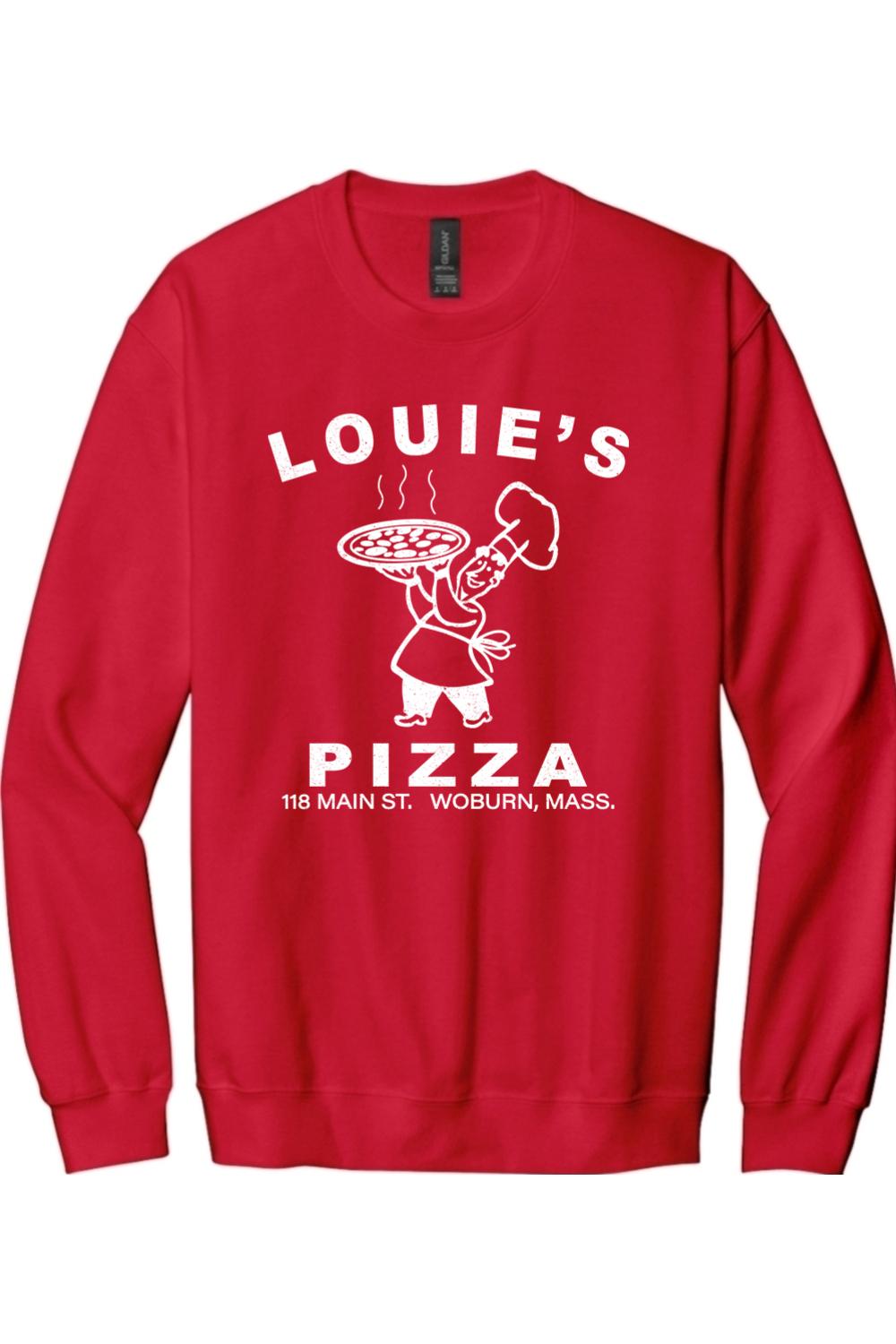 Red crewneck sweatshirt featuring a white Louie's Pizza graphic with a chef holding a pizza on the front.