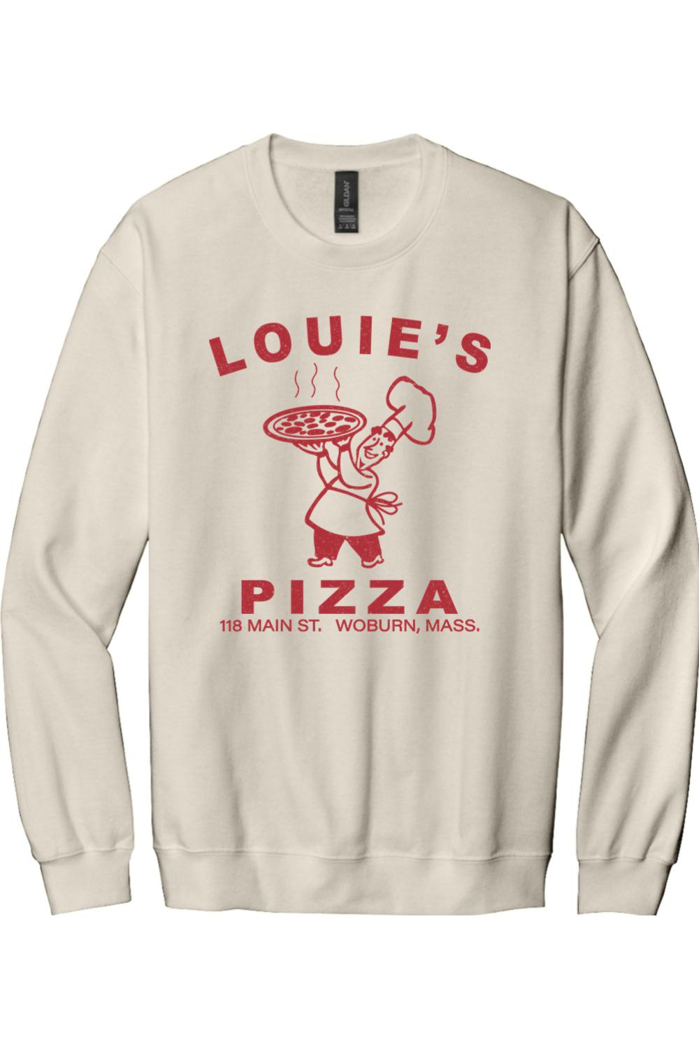 Cream-colored crewneck sweatshirt featuring a red Louie's Pizza chef graphic and text on the front.