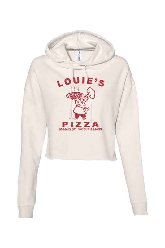 Off-white cropped hoodie featuring a red Louie's Pizza chef graphic and text on the front.