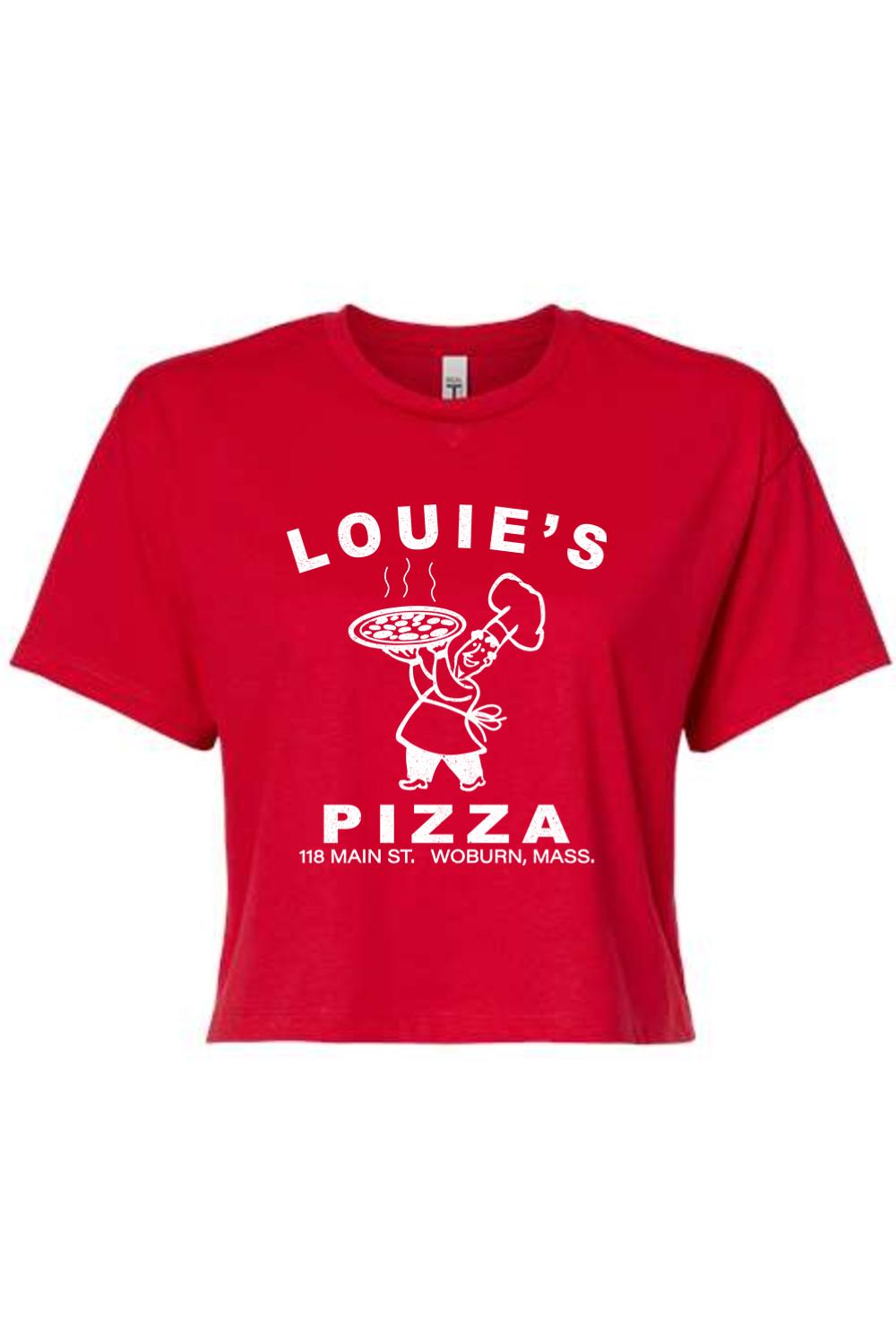 Red cropped t-shirt featuring a white Louie's Pizza chef graphic and text on a soft cotton-blend fabric.