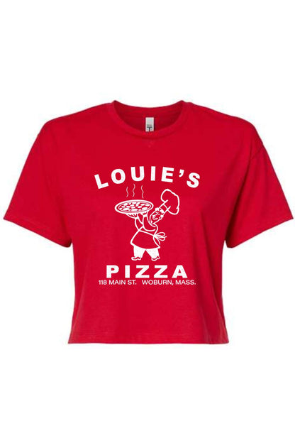 Red cropped t-shirt featuring a white Louie's Pizza chef graphic and text on a soft cotton-blend fabric.