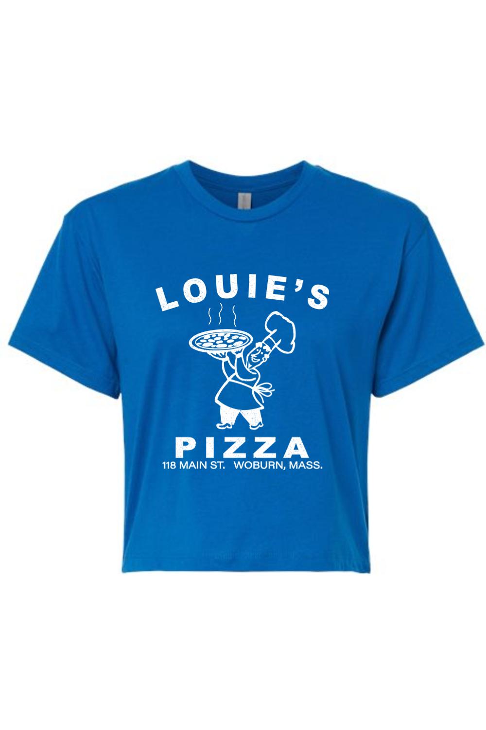 Royal blue cropped T-shirt featuring a white Louie's Pizza chef graphic in a soft cotton-polyester blend.