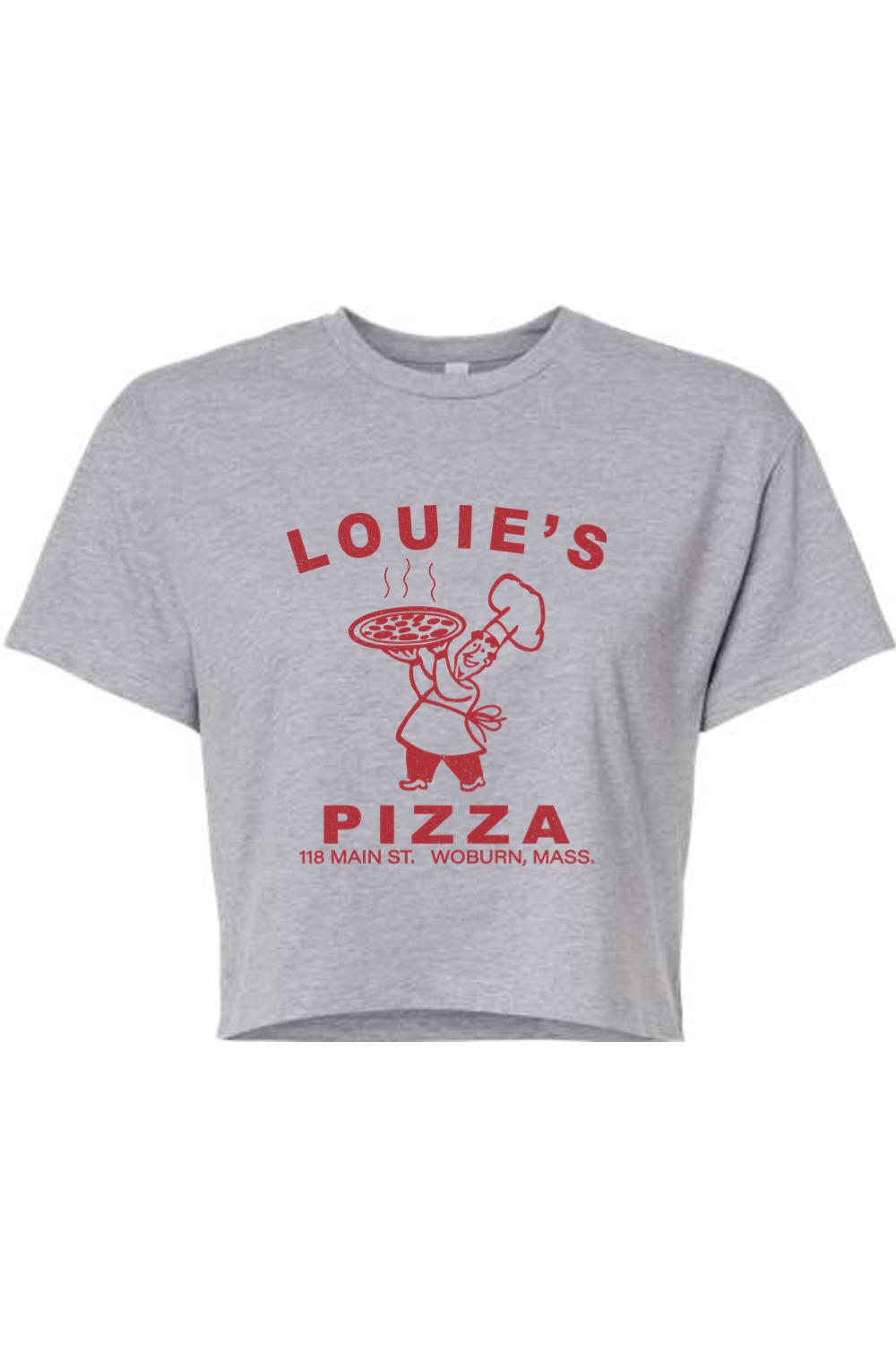 Grey cropped t-shirt with red Louie's Pizza chef graphic and text on soft cotton-blend fabric.