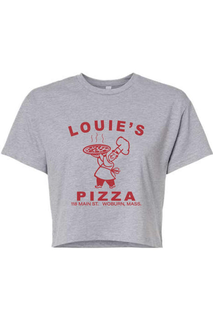 Grey cropped t-shirt with red Louie's Pizza chef graphic and text on soft cotton-blend fabric.
