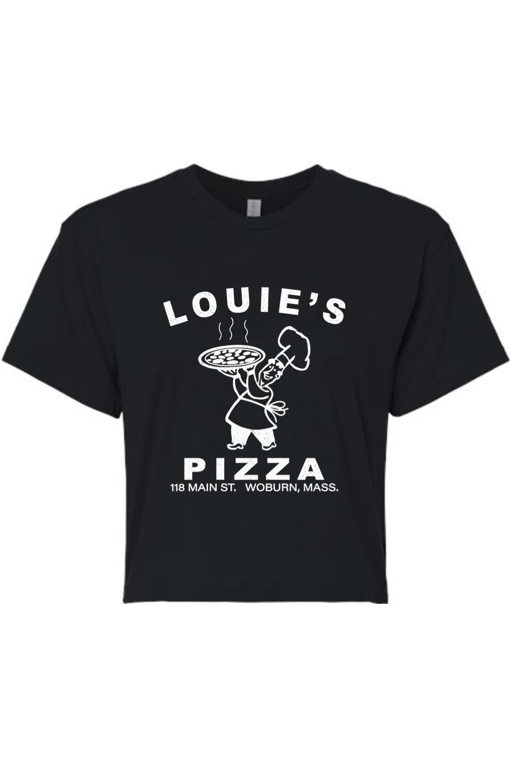 Black cropped t-shirt featuring a white Louie's Pizza chef graphic and text on a soft cotton-blend fabric.