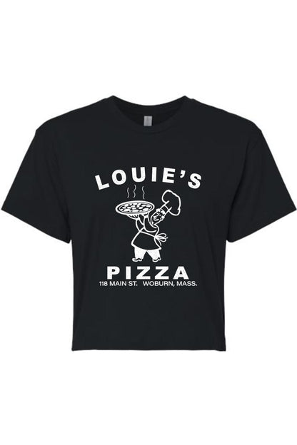 Black cropped t-shirt featuring a white Louie's Pizza chef graphic and text on a soft cotton-blend fabric.