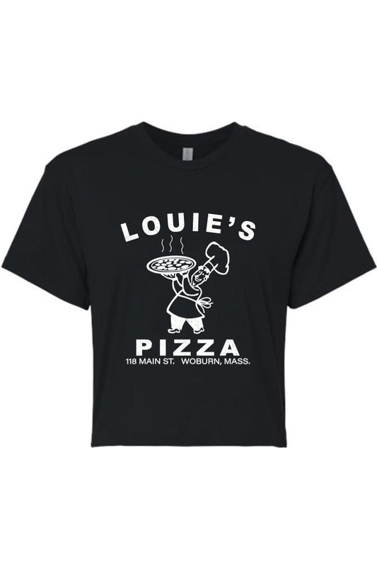 Black cropped t-shirt featuring a white Louie's Pizza chef graphic and text on a soft cotton-blend fabric.