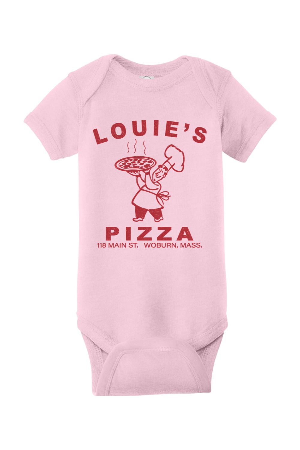 Soft pink infant bodysuit featuring a red Louie's Pizza chef graphic and text on a cotton-poly blend fabric.