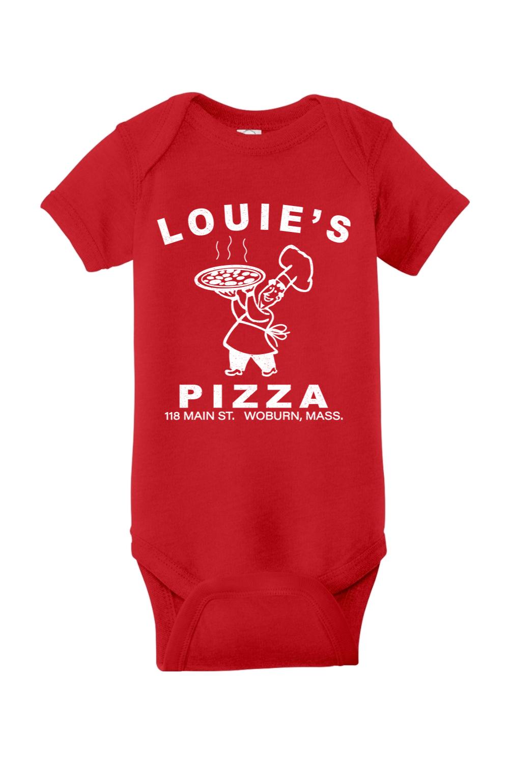 Red short-sleeve infant bodysuit featuring a white Louie's Pizza chef graphic in soft cotton-poly blend fabric.
