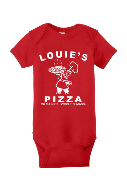Red short-sleeve infant bodysuit featuring a white Louie's Pizza chef graphic in soft cotton-poly blend fabric.
