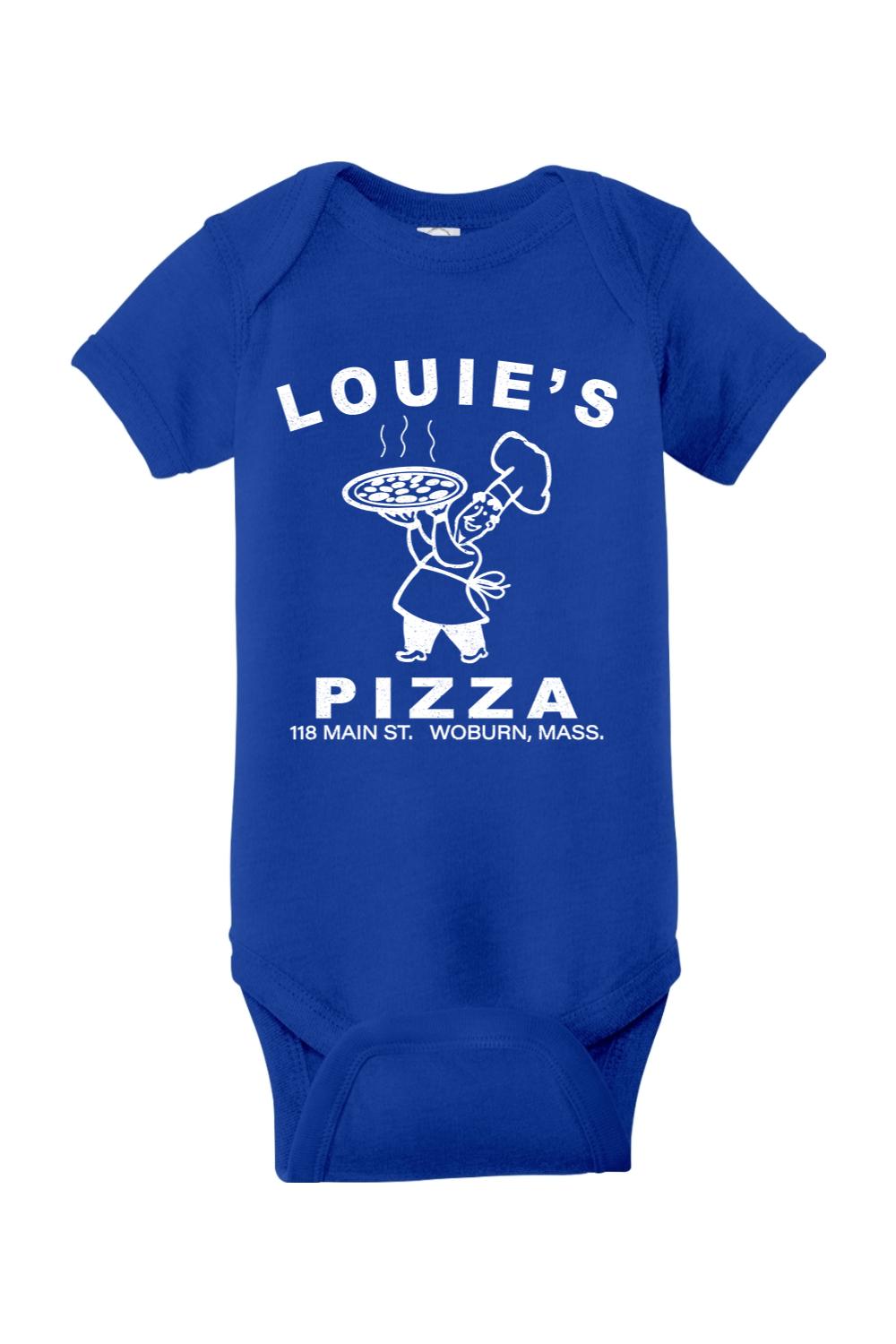 Royal blue infant bodysuit featuring a white Louie's Pizza chef graphic and text on soft cotton-poly blend fabric.