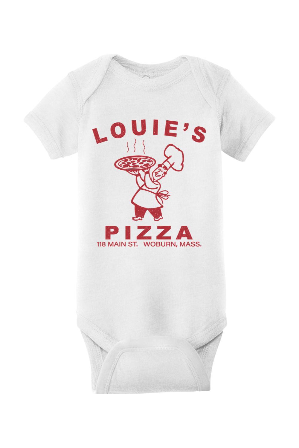 White infant bodysuit featuring a red Louie's Pizza chef graphic and text on soft cotton-poly blend fabric.