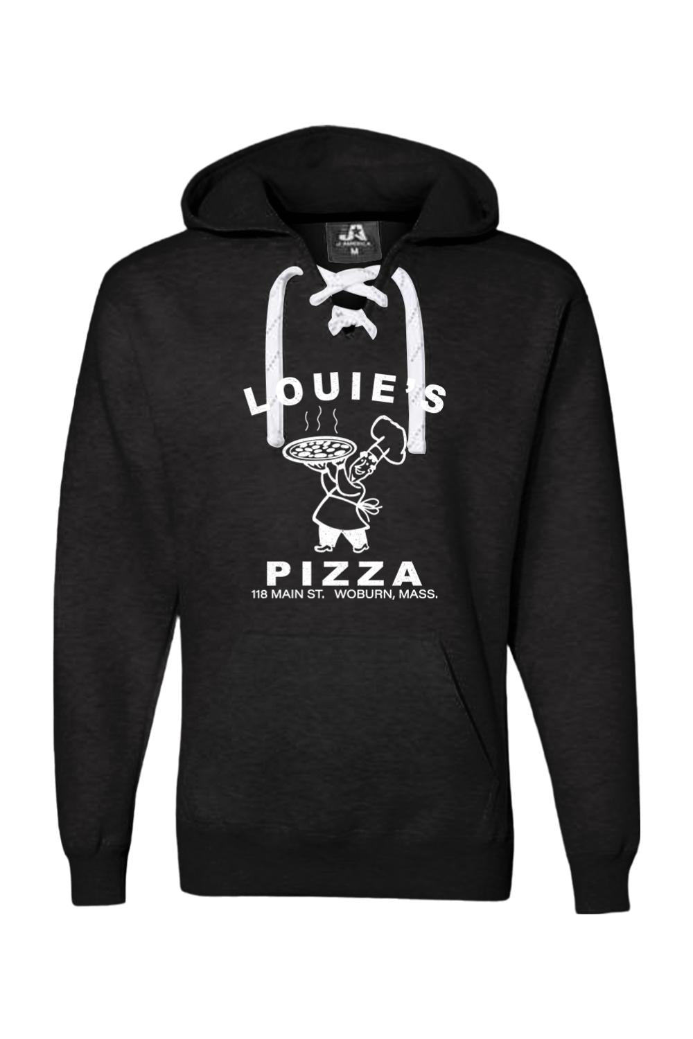 Black men's premium hoodie with white Louie's Pizza logo, sport lace neck detail, and front kangaroo pocket.