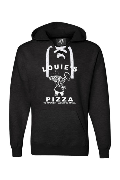 Black men's premium hoodie with white Louie's Pizza logo, sport lace neck detail, and front kangaroo pocket.
