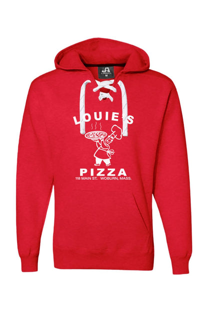 Red men's premium hoodie with white Louie's Pizza logo, sport lace neck detail, and soft cotton-blend fabric.