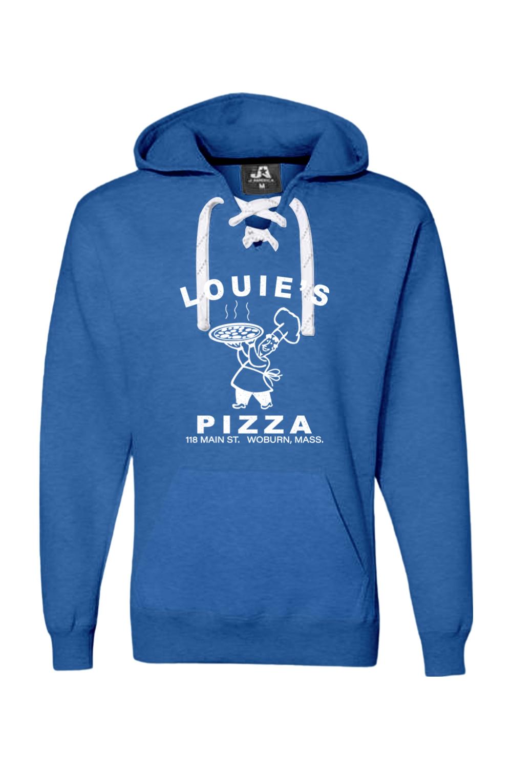 Blue men's premium hoodie with white sport lace neck, featuring a large white Louie's Pizza logo on the chest.