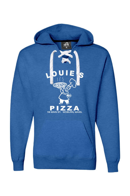 Blue men's premium hoodie with white sport lace neck, featuring a large white Louie's Pizza logo on the chest.