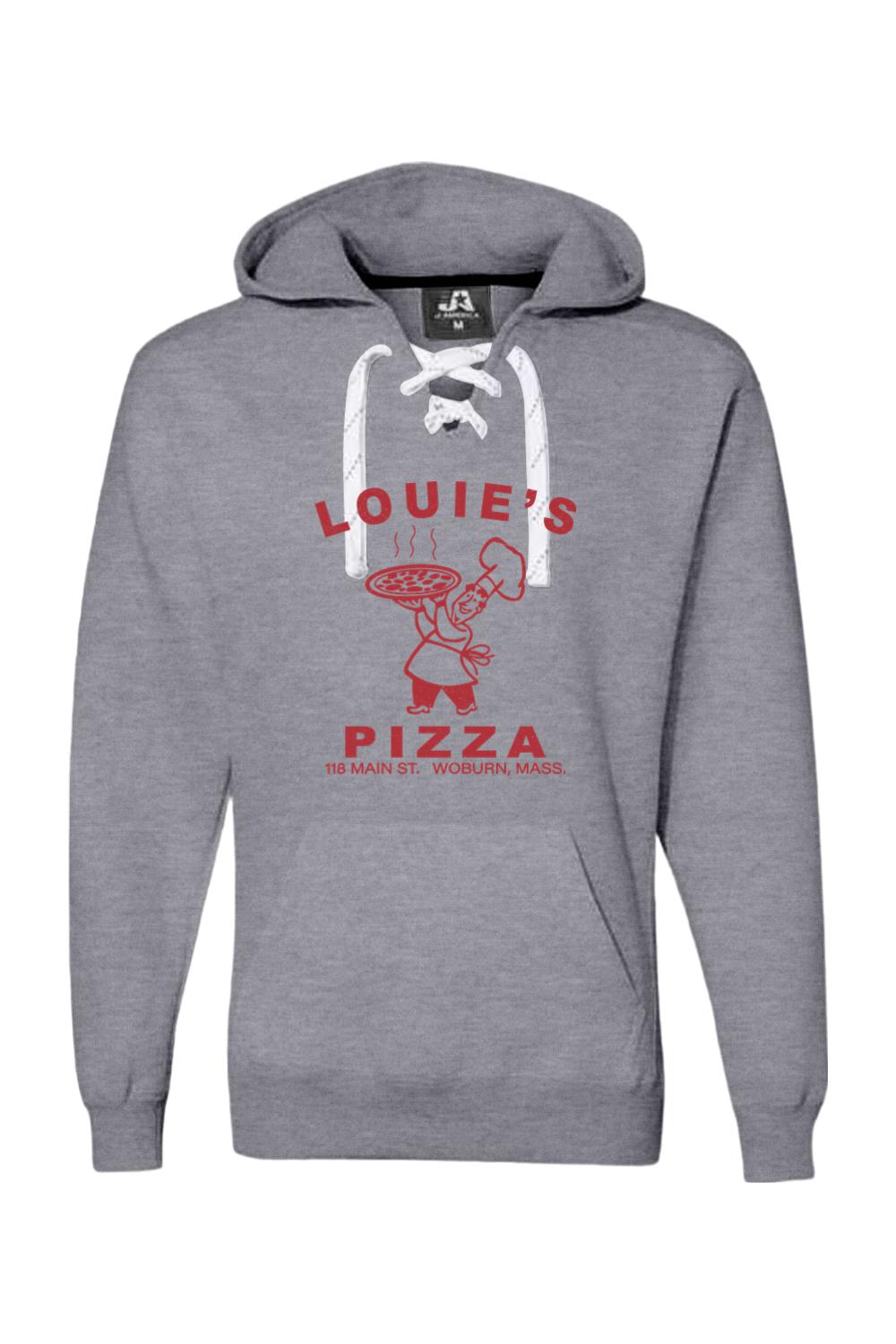 Grey men's premium hoodie with white sport lace neck, featuring a red Louie's Pizza logo on the chest.