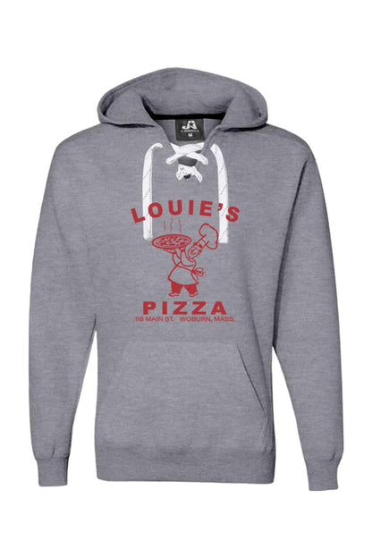 Grey men's premium hoodie with white sport lace neck, featuring a red Louie's Pizza logo on the chest.
