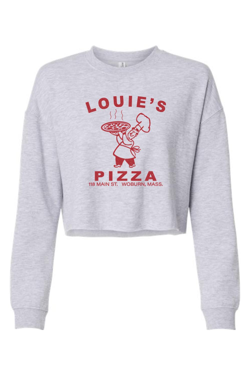 Light grey cropped crewneck sweatshirt featuring a red Louie's Pizza chef graphic on the front.