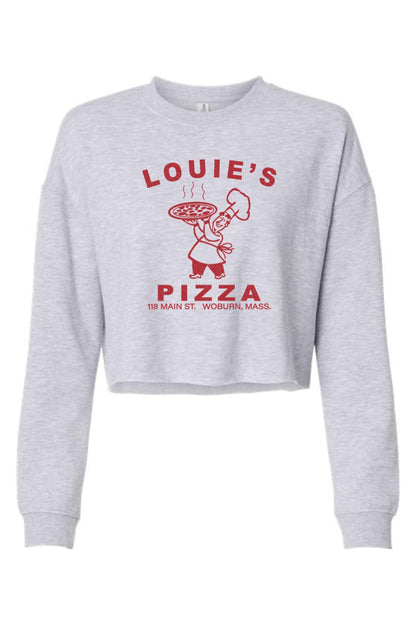 Light grey cropped crewneck sweatshirt featuring a red Louie's Pizza chef graphic on the front.