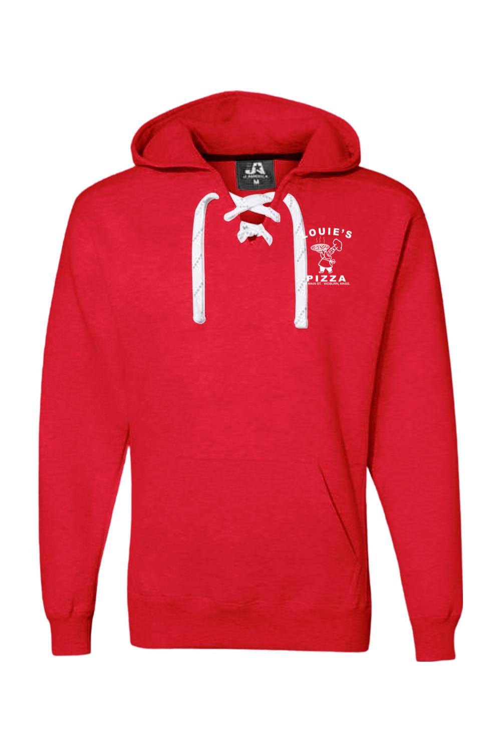 Red premium hoodie with white sport lace neck detailing and Louie's Pizza logo on the chest.