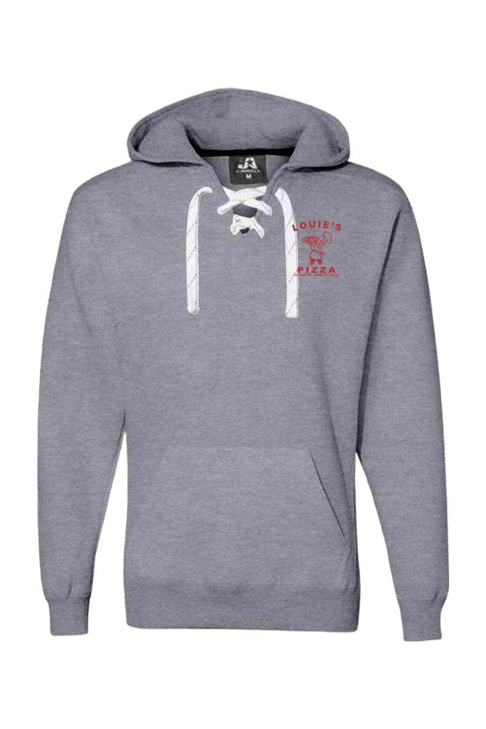 Grey heather premium hoodie with white sport lace neck, front pocket, and red Louie's Pizza logo on the chest.