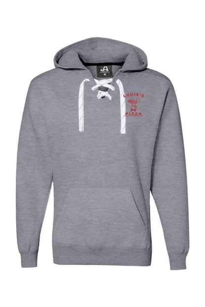 Grey heather premium hoodie with white sport lace neck, front pocket, and red Louie's Pizza logo on the chest.