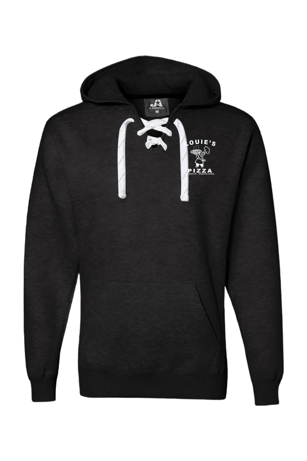 Black premium hoodie with white sport lace neck detailing and Louie's Pizza graphic on the chest.