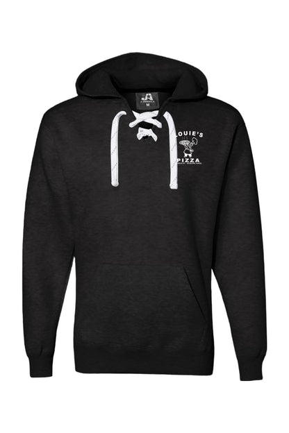 Black premium hoodie with white sport lace neck detailing and Louie's Pizza graphic on the chest.
