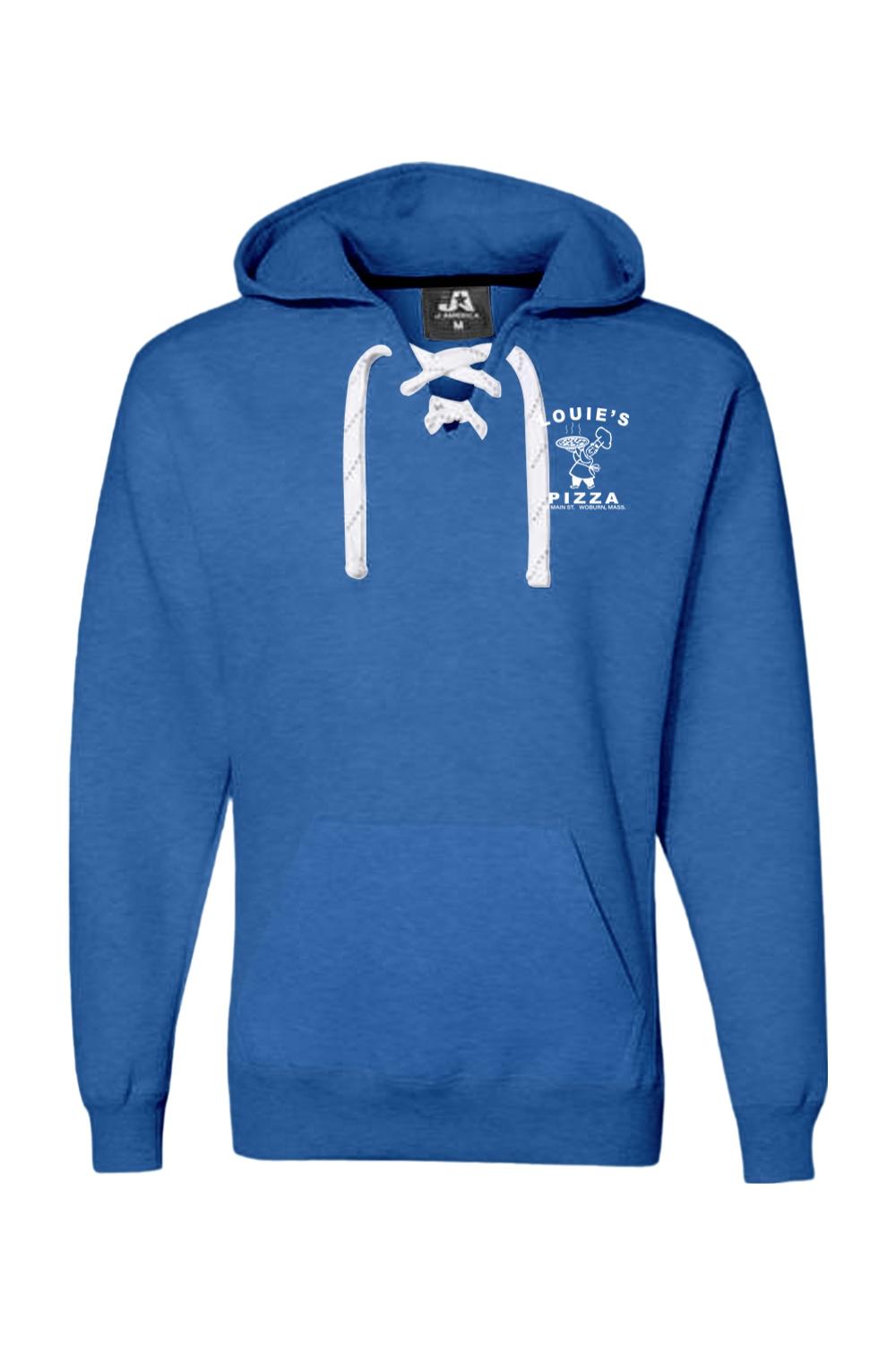 Royal blue premium hoodie featuring white sport lace neck detailing and a white Louie's Pizza logo on the chest.