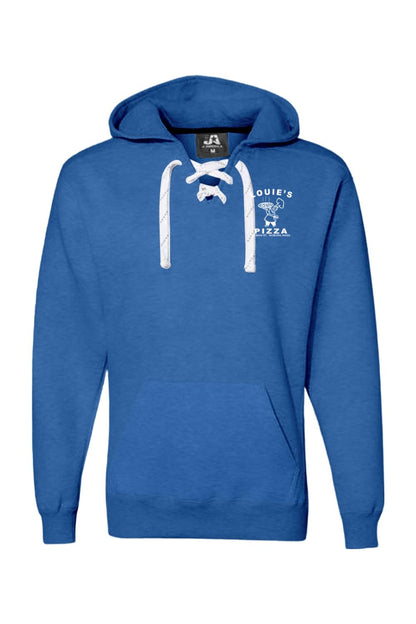 Royal blue premium hoodie featuring white sport lace neck detailing and a white Louie's Pizza logo on the chest.