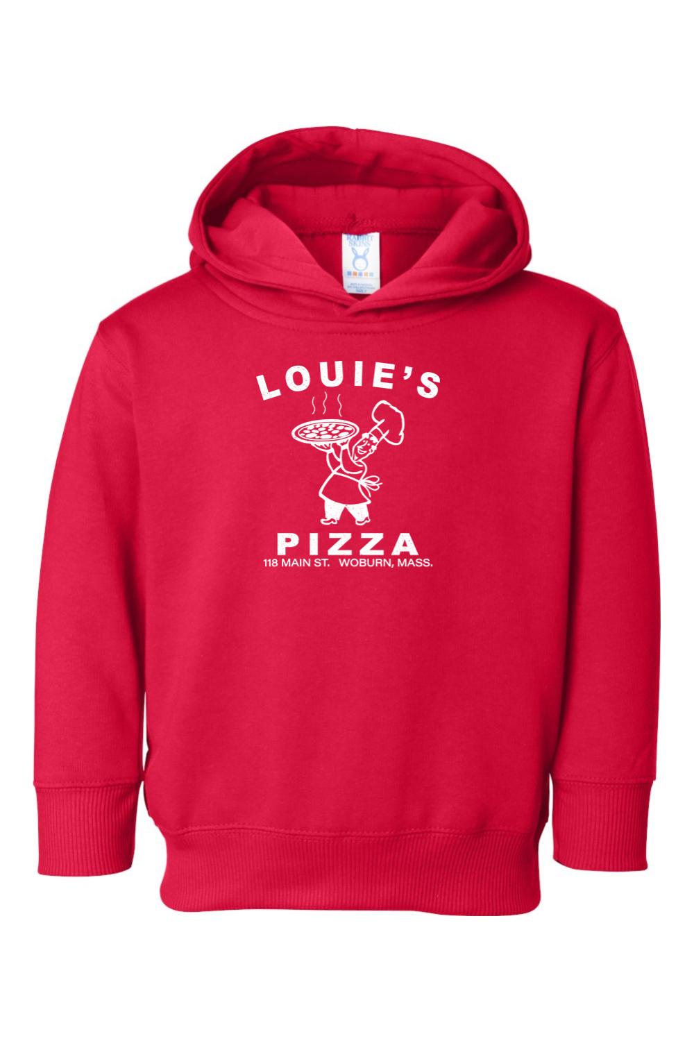 Red toddler hoodie featuring a white Louie's Pizza chef graphic and text on a soft cotton-blend fabric.